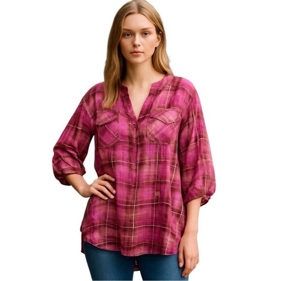 Anthropologie Plaid Oversized Fuchsia Pink Blouse - Picture 1 of 13
